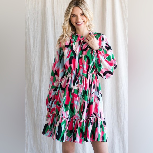 JODIFL Dresses & Skirts - Jodifl Green Colorful Floral Print Button Up Drawstring Dress